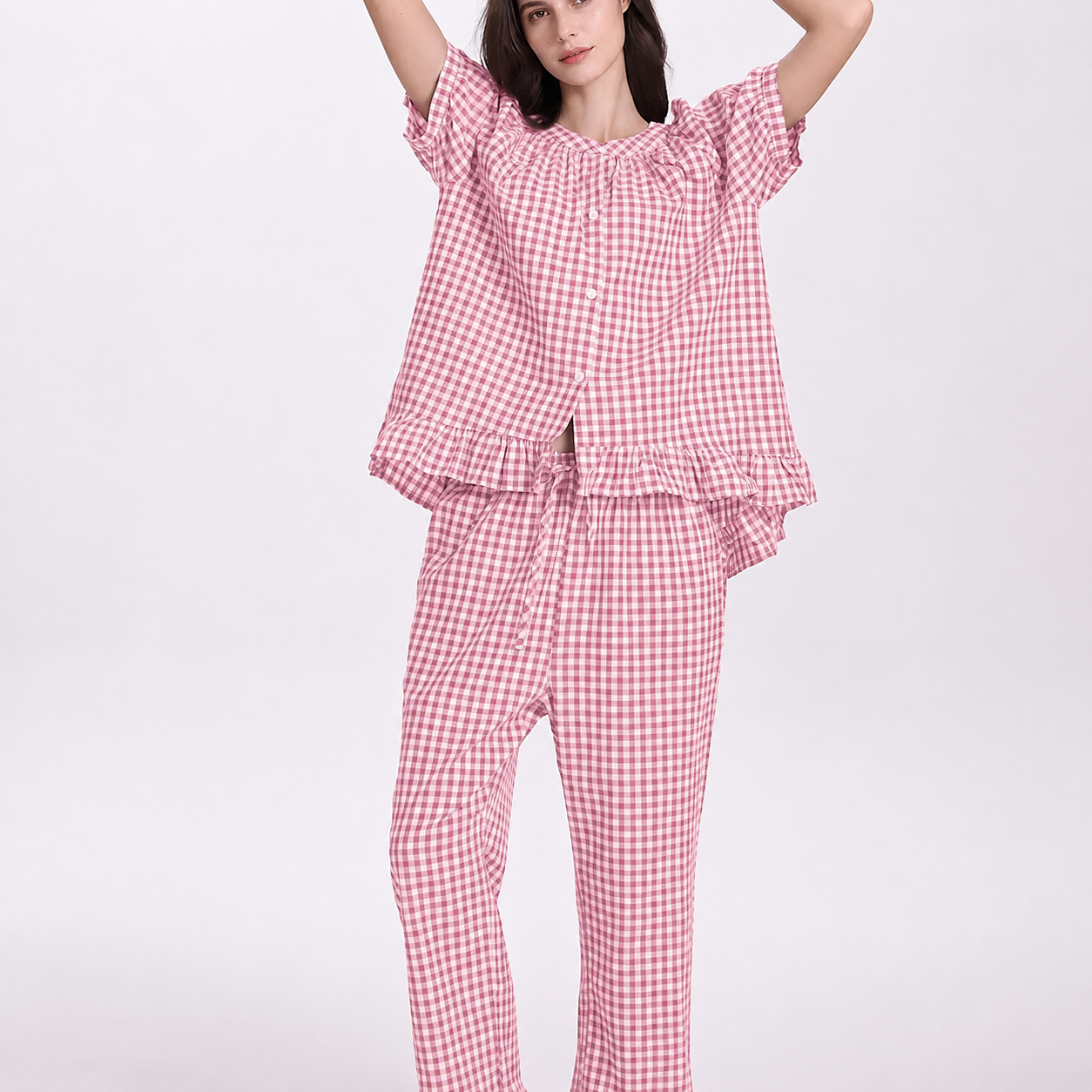Gingham Ruffle Pajama Set with Button Front Top for Women
