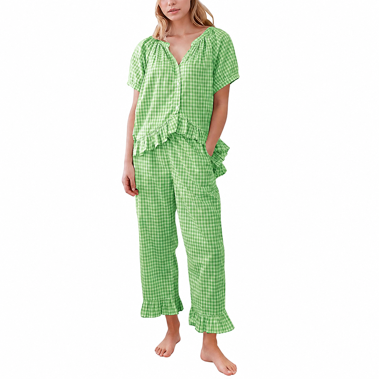 Gingham Ruffle Pajama Set with Button Front Top for Women