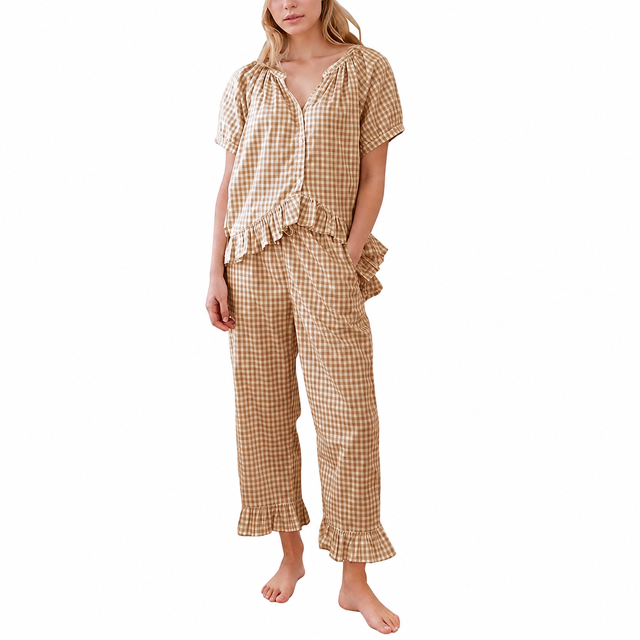 Gingham Ruffle Pajama Set with Button Front Top for Women