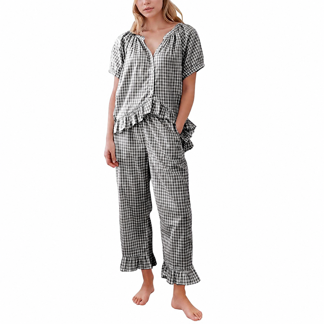 Gingham Ruffle Pajama Set with Button Front Top for Women