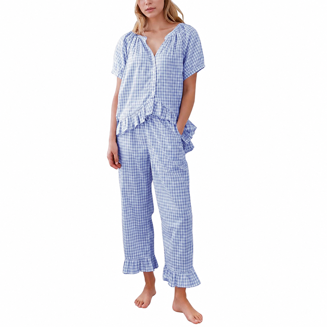 Gingham Ruffle Pajama Set with Button Front Top for Women