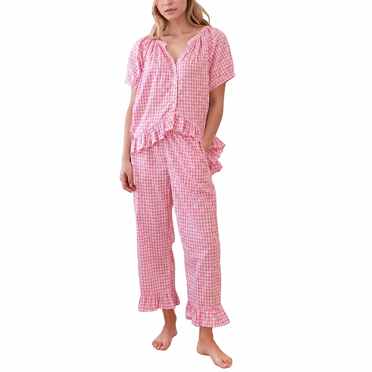 Gingham Ruffle Pajama Set with Button Front Top for Women