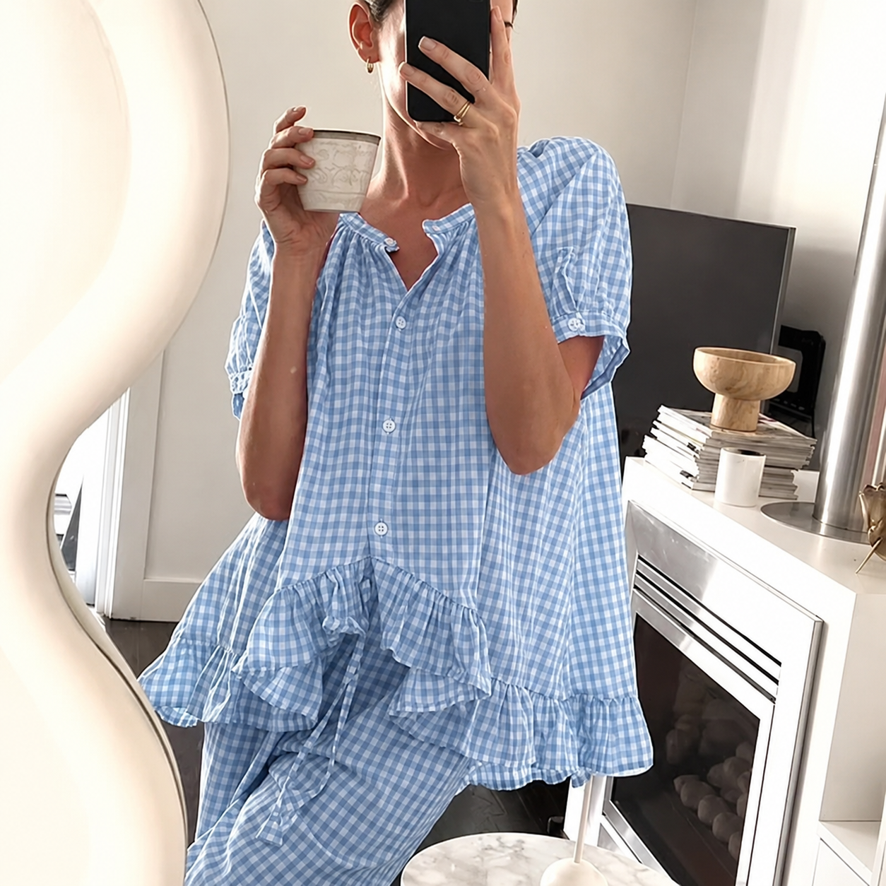 Gingham Ruffle Pajama Set with Button Front Top for Women