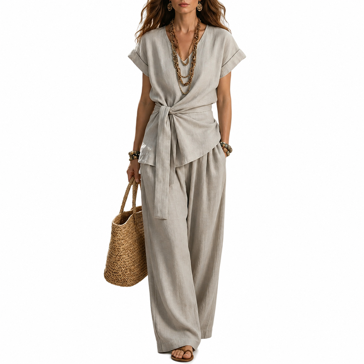 2 Piece Blouse And Wide Fit Pant Set With Front Twist Knot Design For Women 