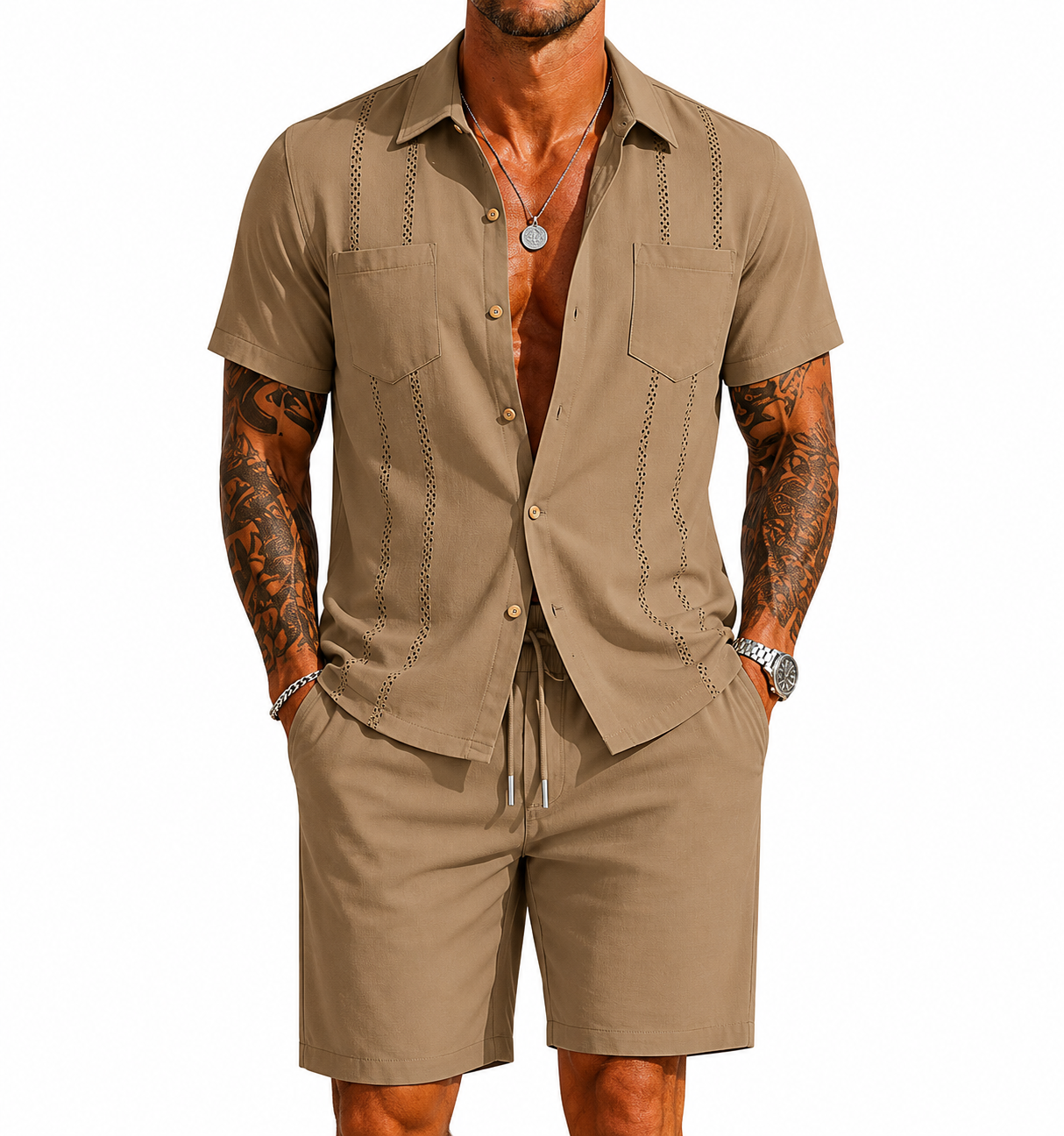 2 Piece Short Sleeve Shirts And Casual Shorts Sets For Men