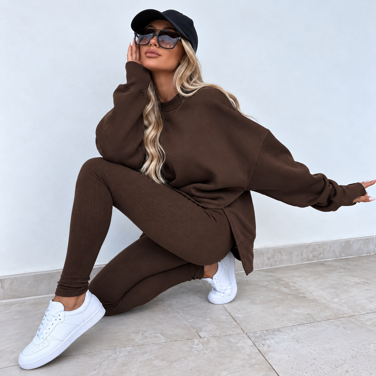 Curved Hem Hoodie and Jogger Pants 2 Piece Casual Loungewear Set for Women