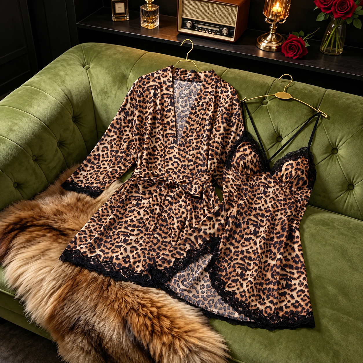 3 Piece Lace Patchwork Printed Nightgown and Loungewear Set with Belt for Women