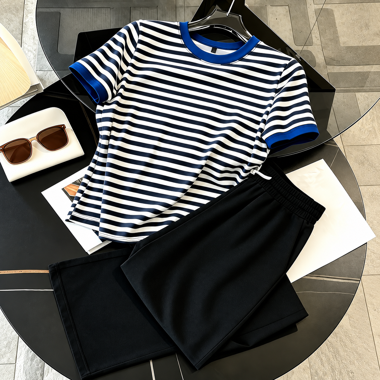 Striped Short Sleeve Top and Pants 2 Piece Casual Set for Women
