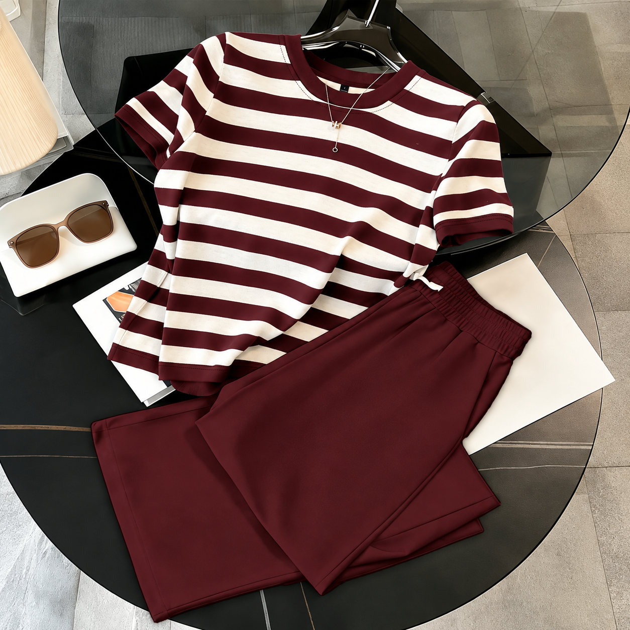 Striped Short Sleeve Top and Pants 2 Piece Casual Set for Women
