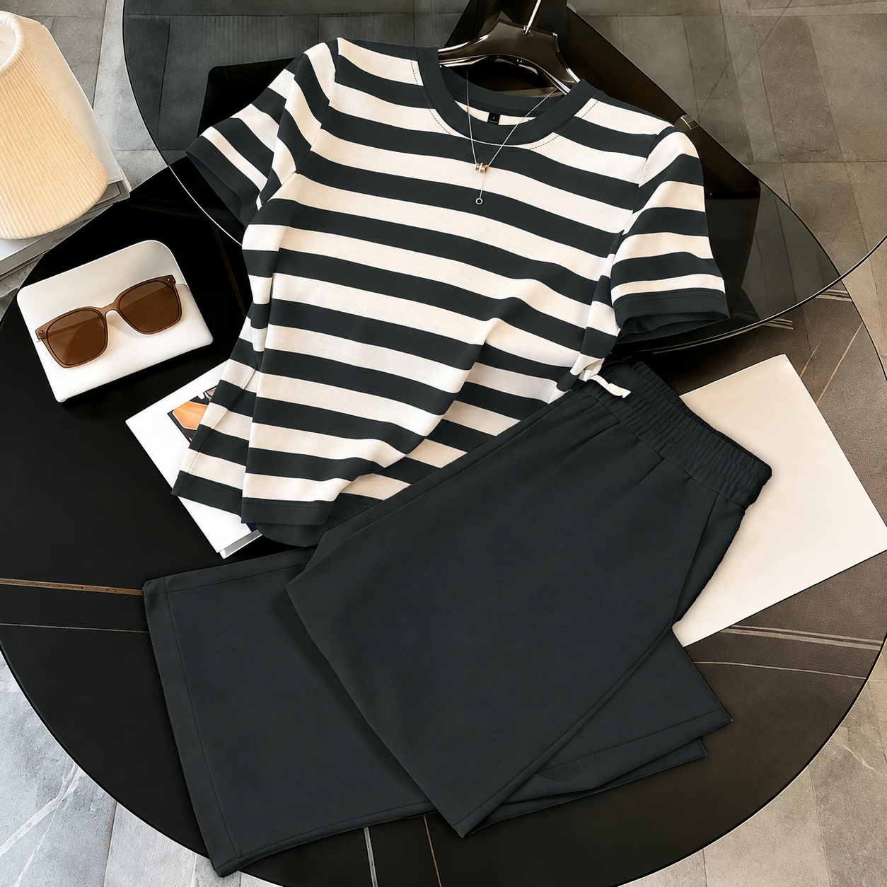 Striped Short Sleeve Top and Pants 2 Piece Casual Set for Women