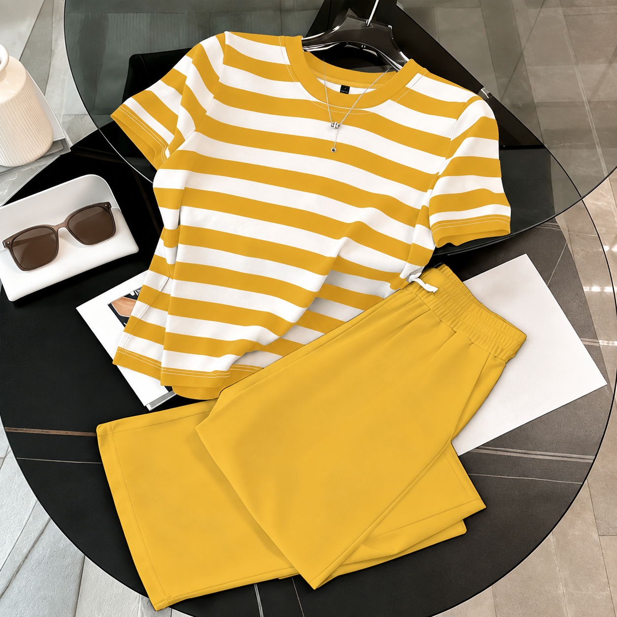 Striped Short Sleeve Top and Pants 2 Piece Casual Set for Women