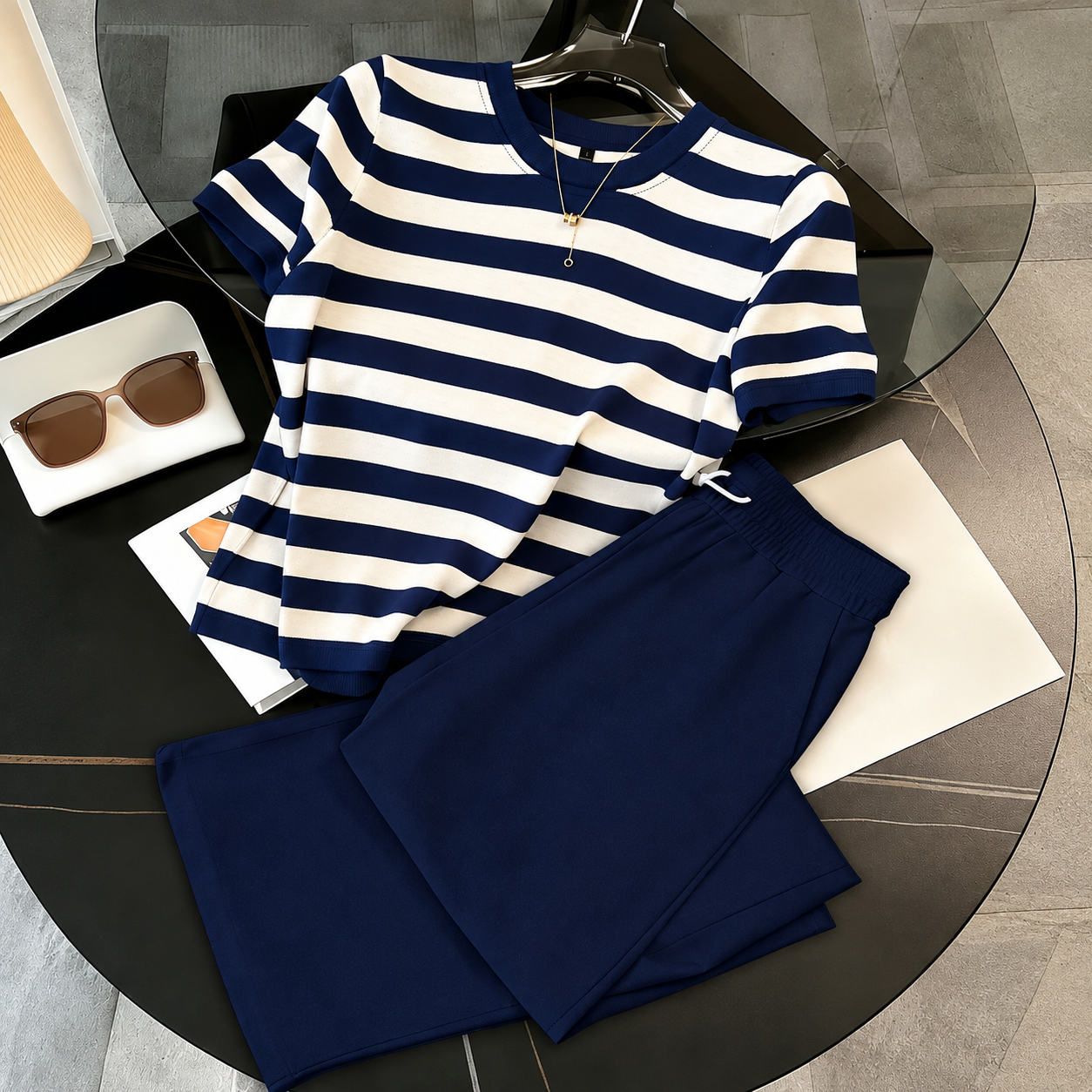 Striped Short Sleeve Top and Pants 2 Piece Casual Set for Women