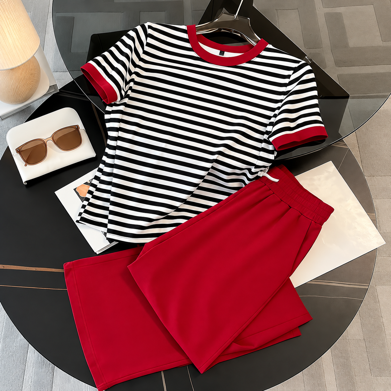 Striped Short Sleeve Top and Pants 2 Piece Casual Set for Women