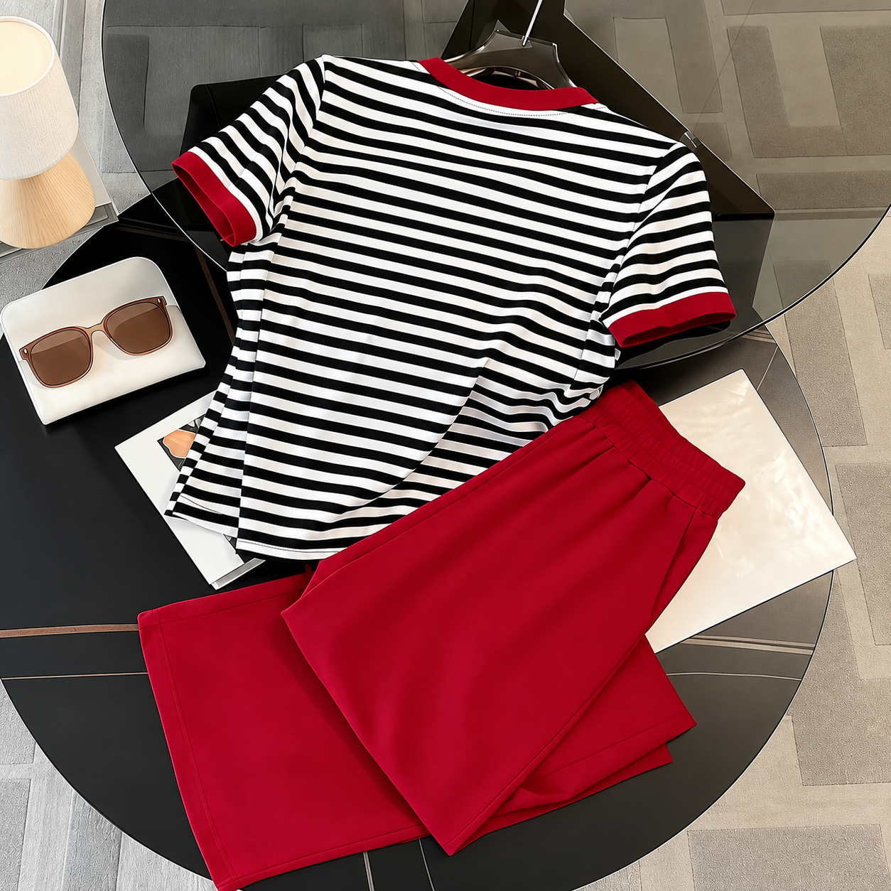 Striped Short Sleeve Top and Pants 2 Piece Casual Set for Women