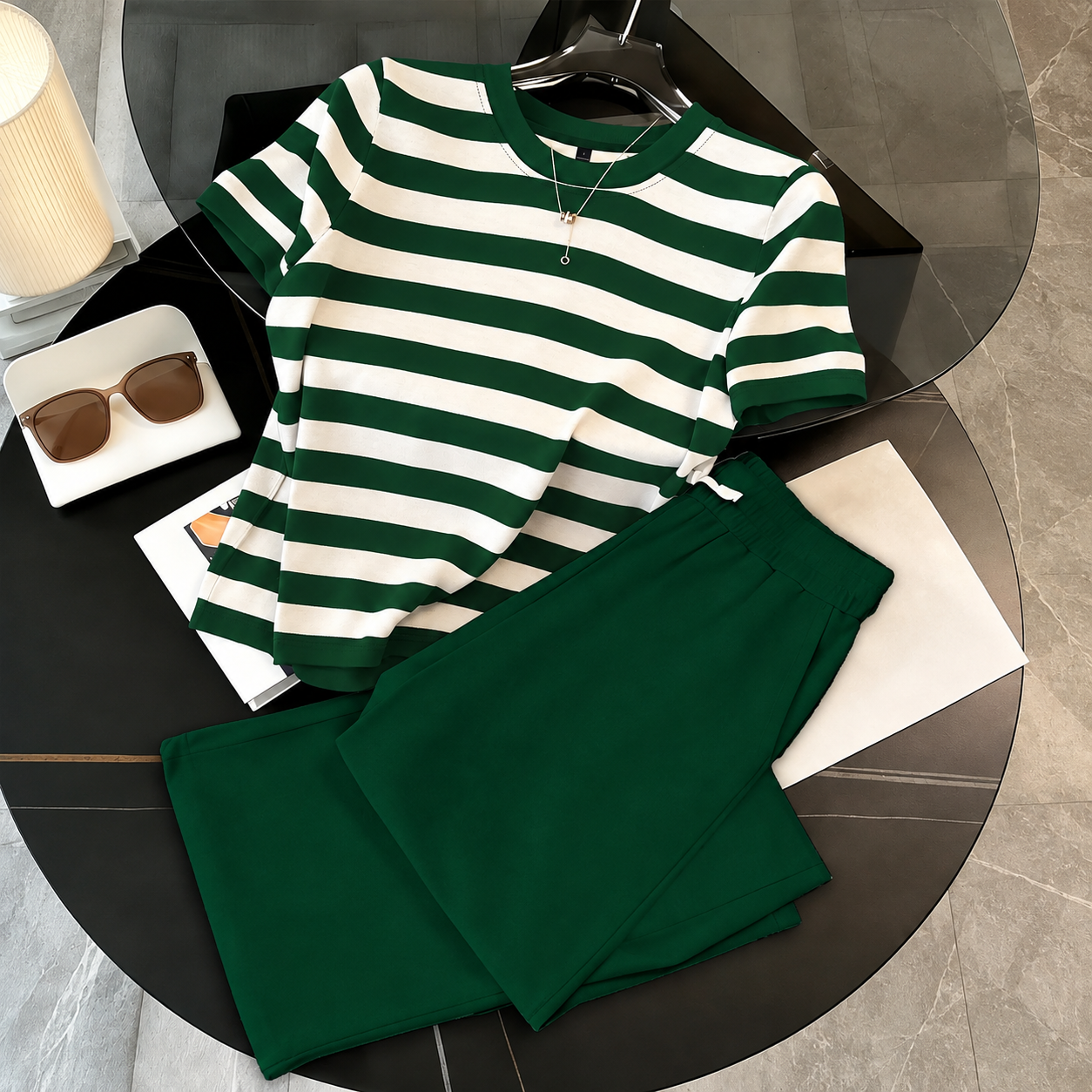 Striped Short Sleeve Top and Pants 2 Piece Casual Set for Women