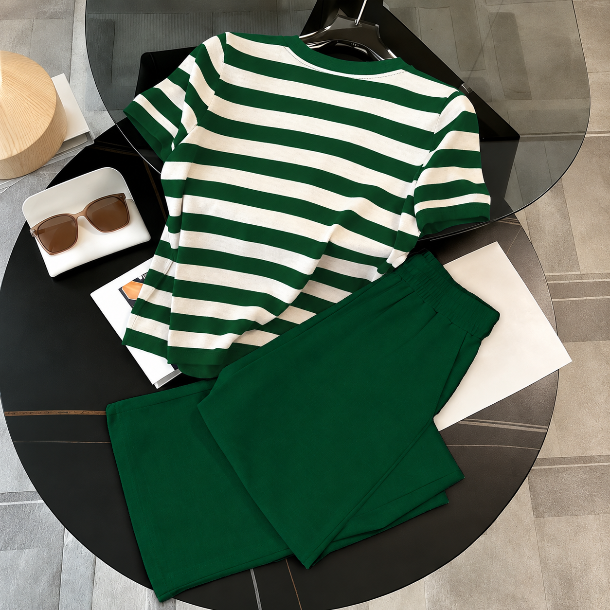 Striped Short Sleeve Top and Pants 2 Piece Casual Set for Women