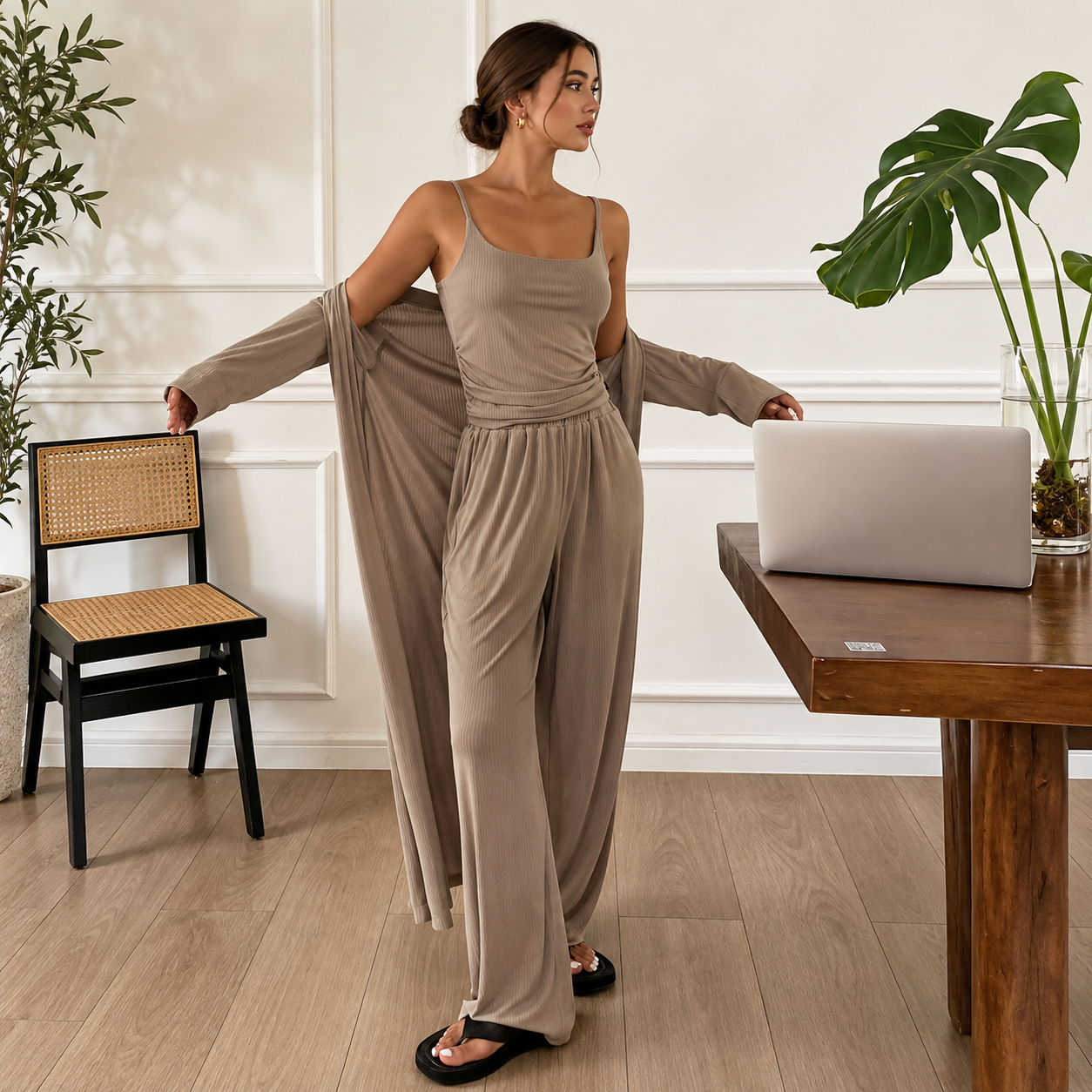 3 Pieces Cozy Camisole And Robe Pajama Set For Women