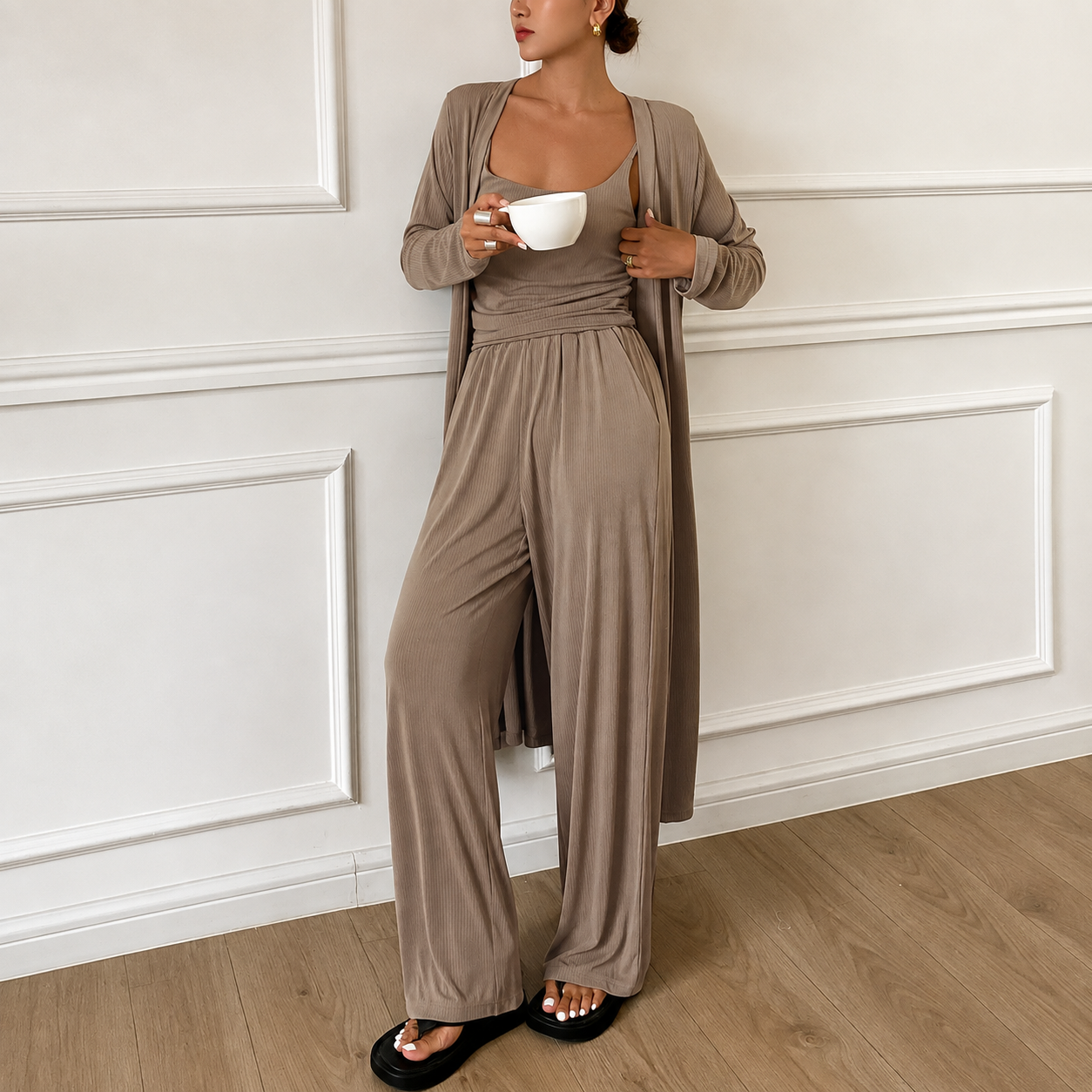 3 Pieces Cozy Camisole And Robe Pajama Set For Women
