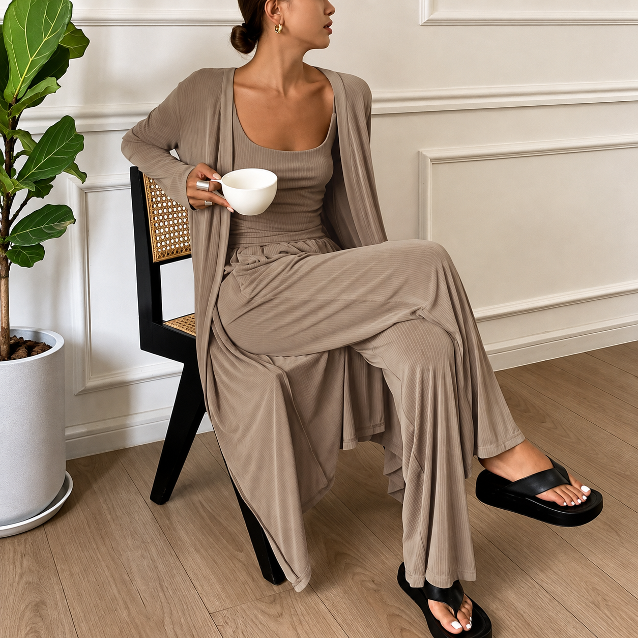 3 Pieces Cozy Camisole And Robe Pajama Set For Women