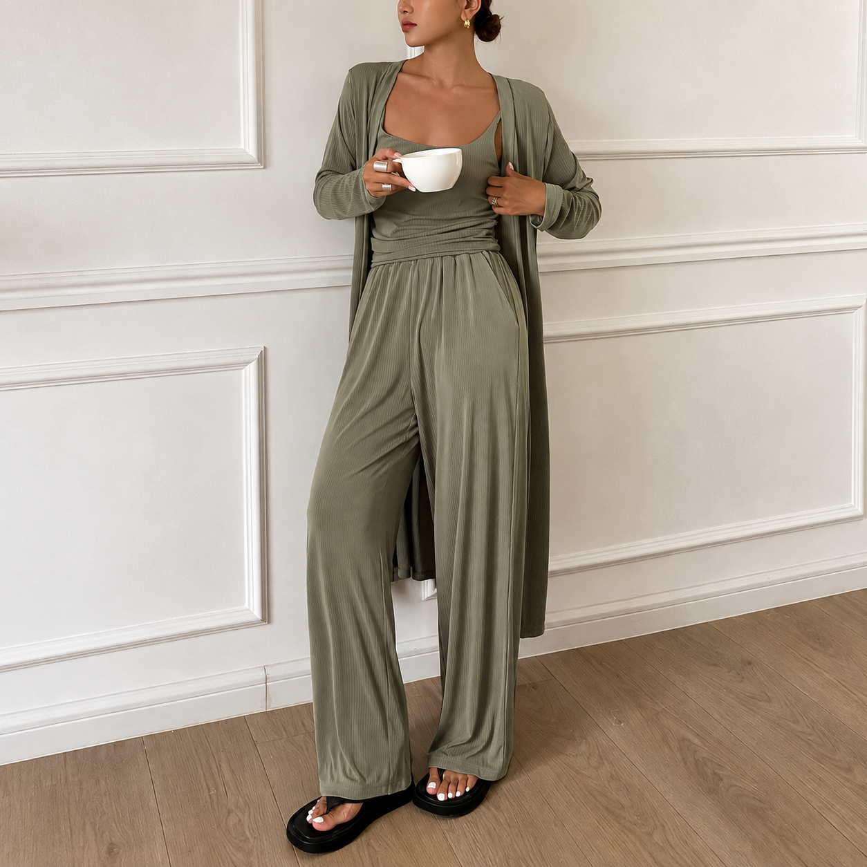 3 Pieces Cozy Camisole And Robe Pajama Set For Women