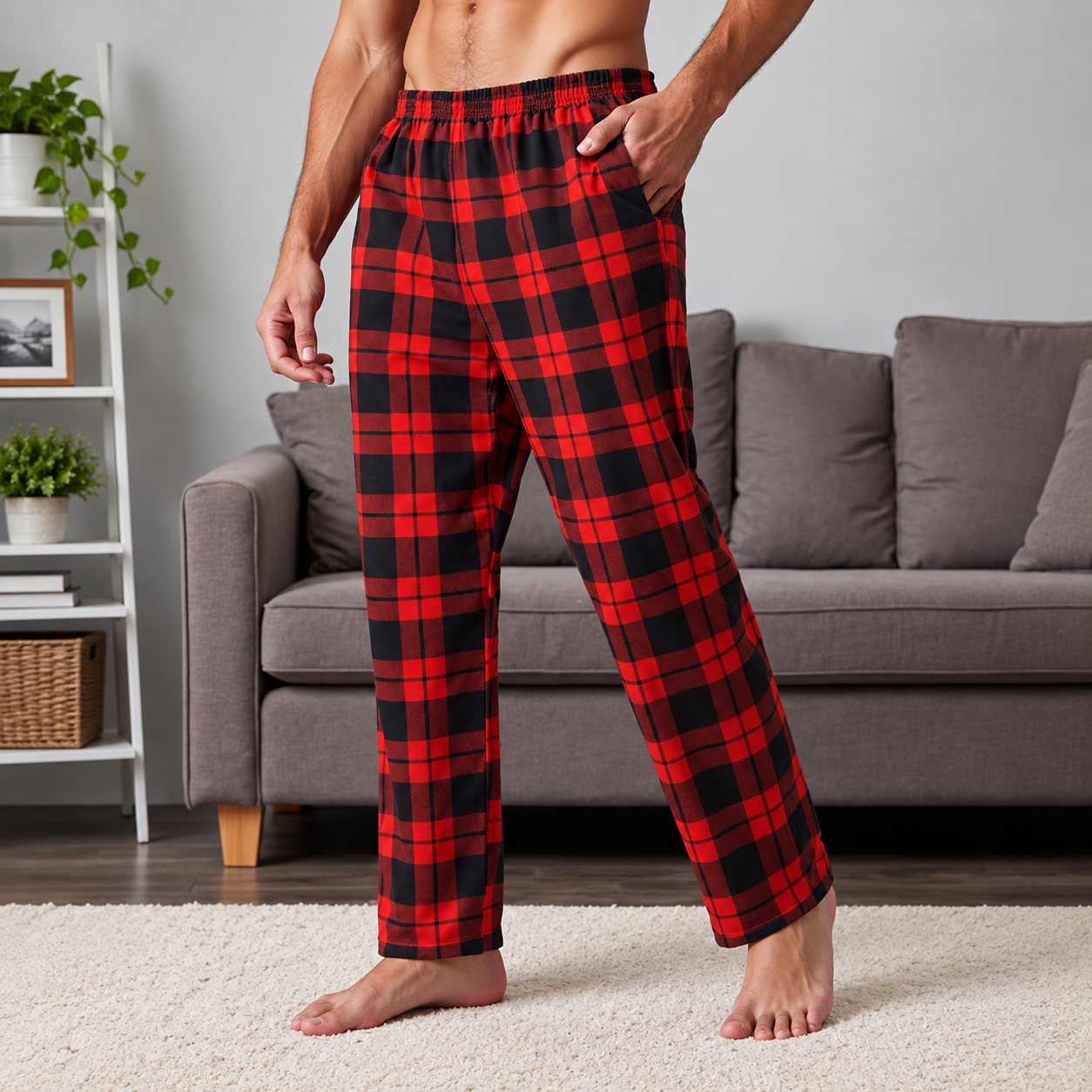 3 Pieces Plaid Pattern Straight Length Pajama Pants For Men