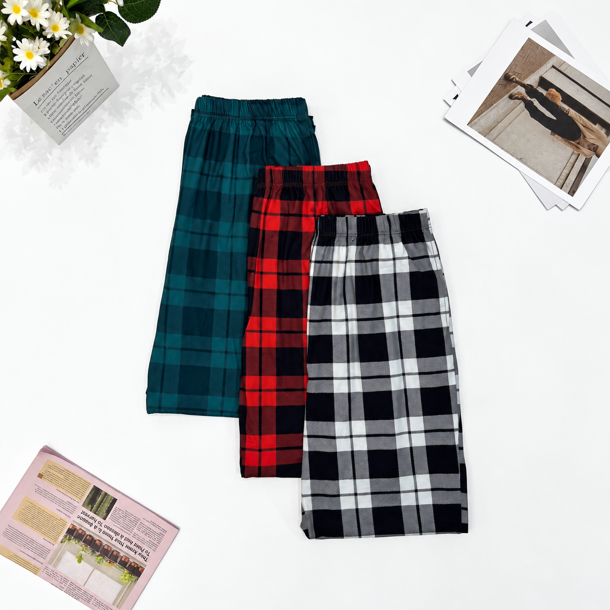 3 Pieces Plaid Pattern Straight Length Pajama Pants For Men