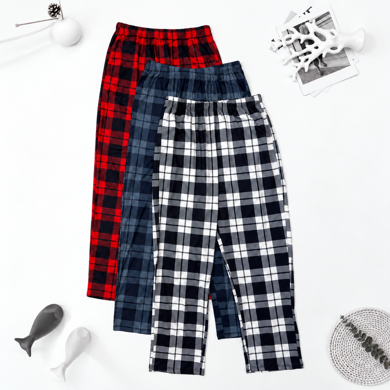 3 Pieces Plaid Pattern Straight Length Pajama Pants For Men