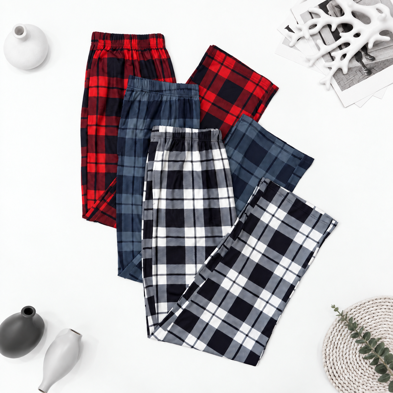 3 Pieces Plaid Pattern Straight Length Pajama Pants For Men