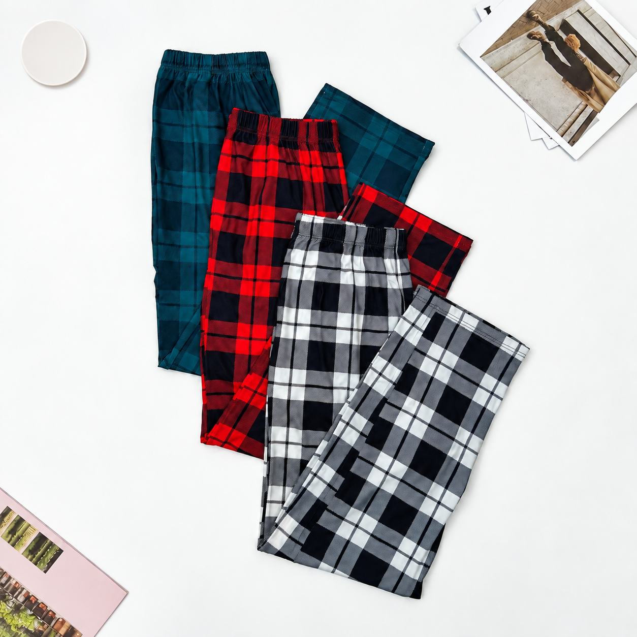 3 Pieces Plaid Pattern Straight Length Pajama Pants For Men