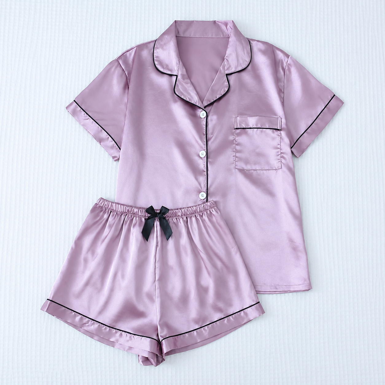 Bow Detail Short Sleeve Top and Shorts 2 Piece Pajama Set for Women