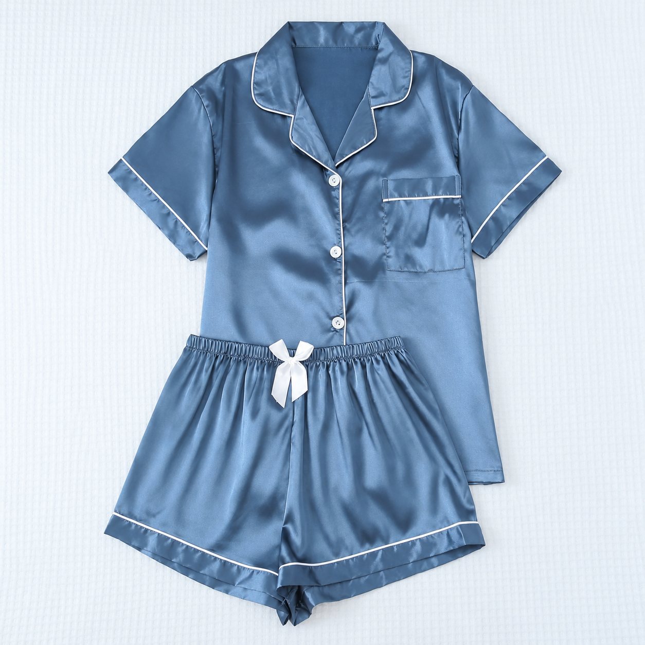Bow Detail Short Sleeve Top and Shorts 2 Piece Pajama Set for Women