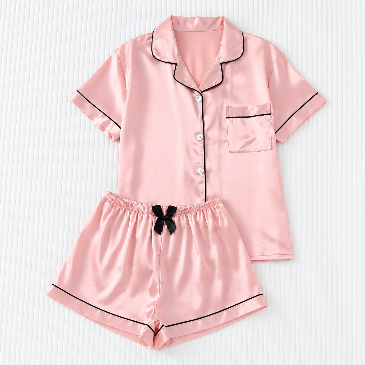 Bow Detail Short Sleeve Top and Shorts 2 Piece Pajama Set for Women