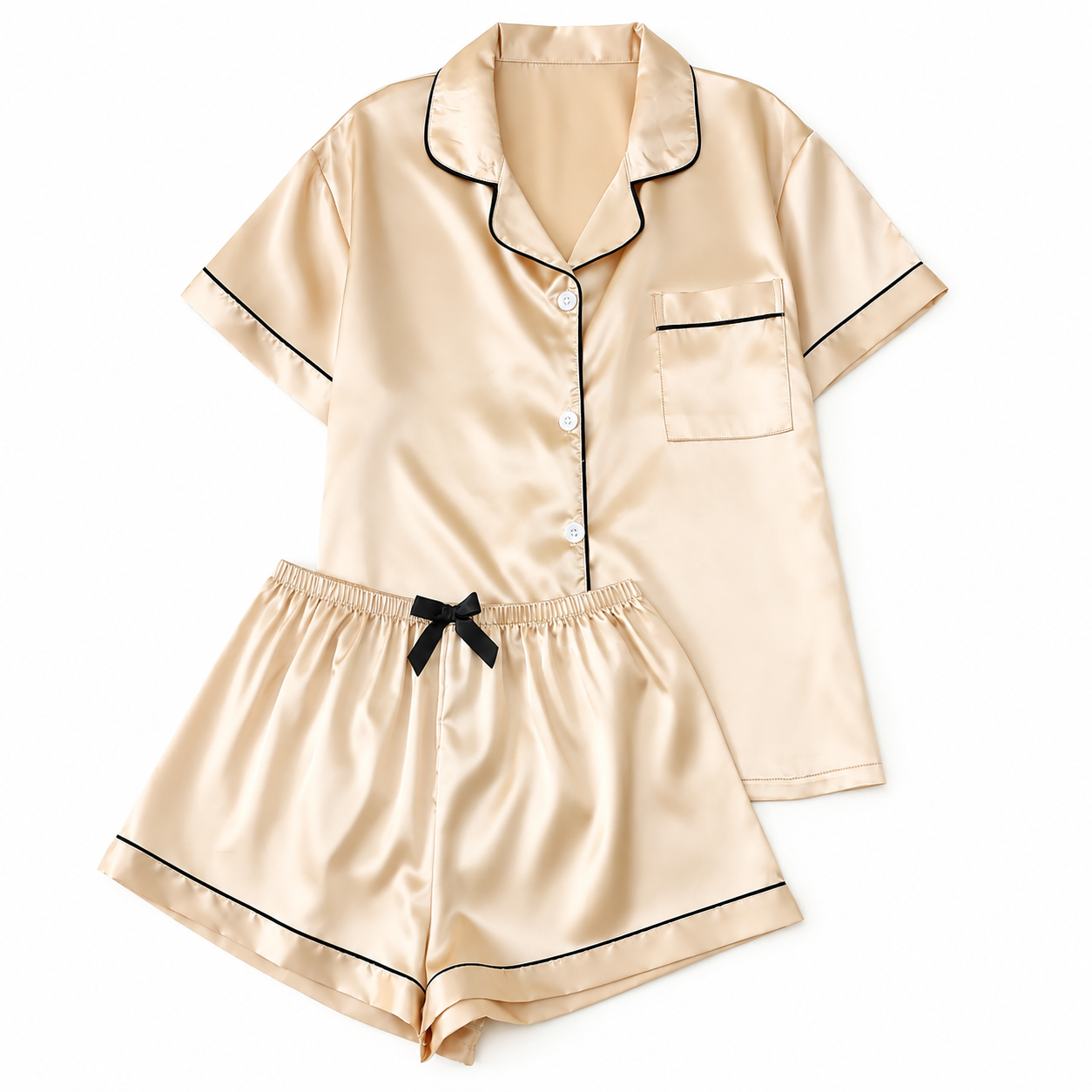 Bow Detail Short Sleeve Top and Shorts 2 Piece Pajama Set for Women
