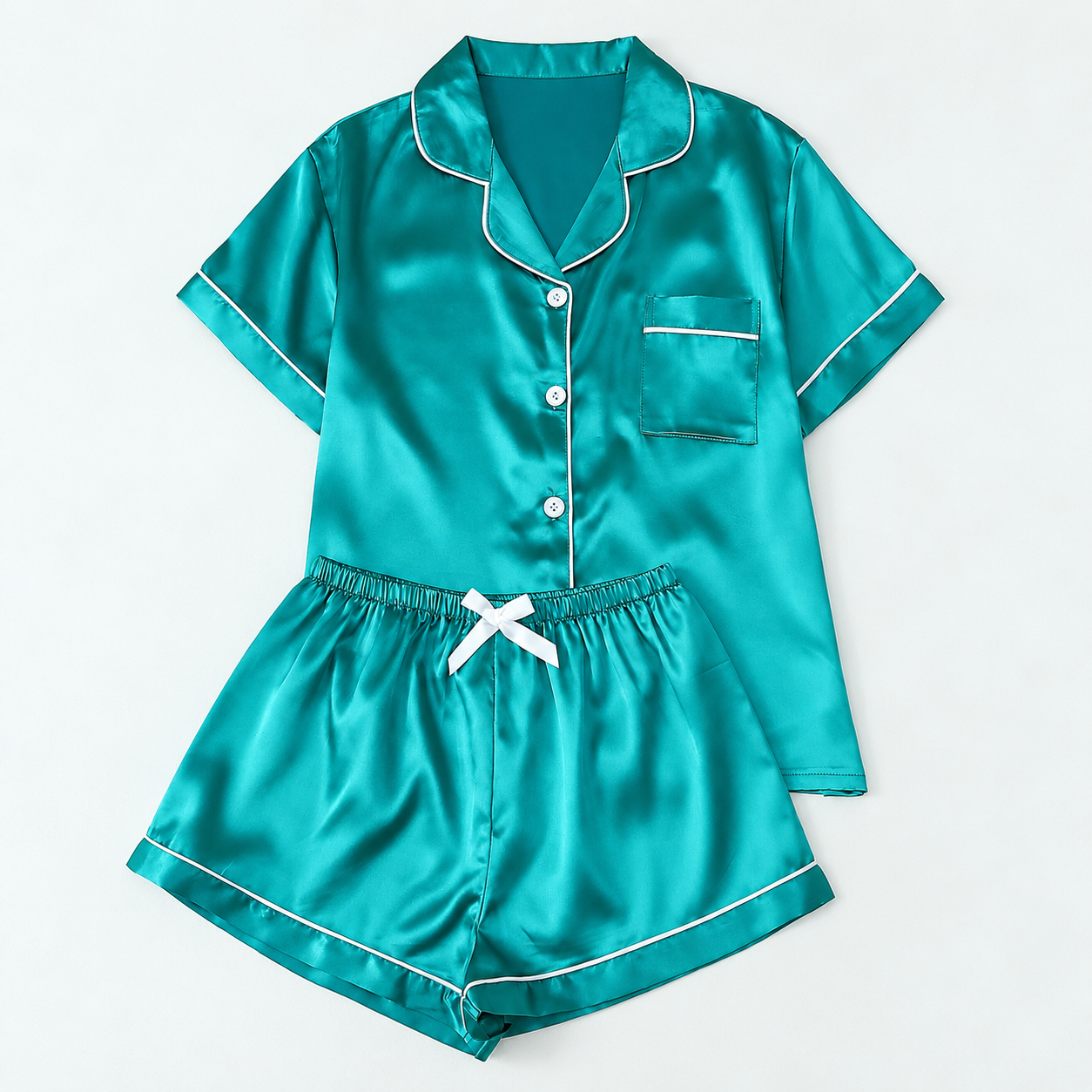 Bow Detail Short Sleeve Top and Shorts 2 Piece Pajama Set for Women