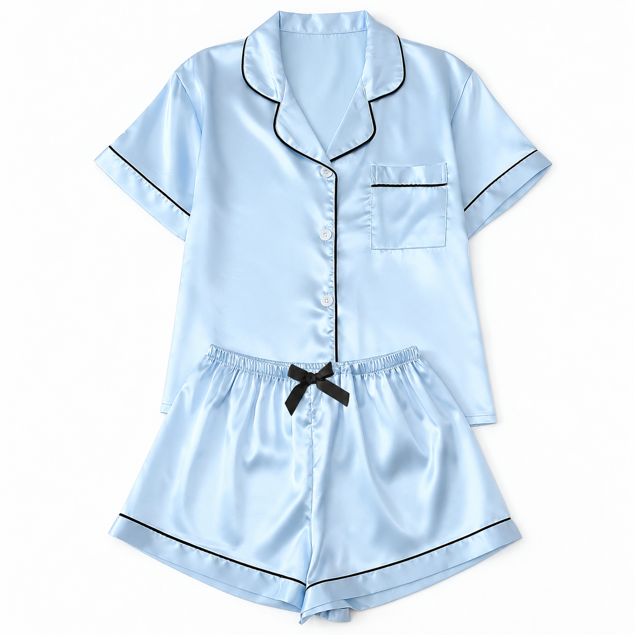 Bow Detail Short Sleeve Top and Shorts 2 Piece Pajama Set for Women