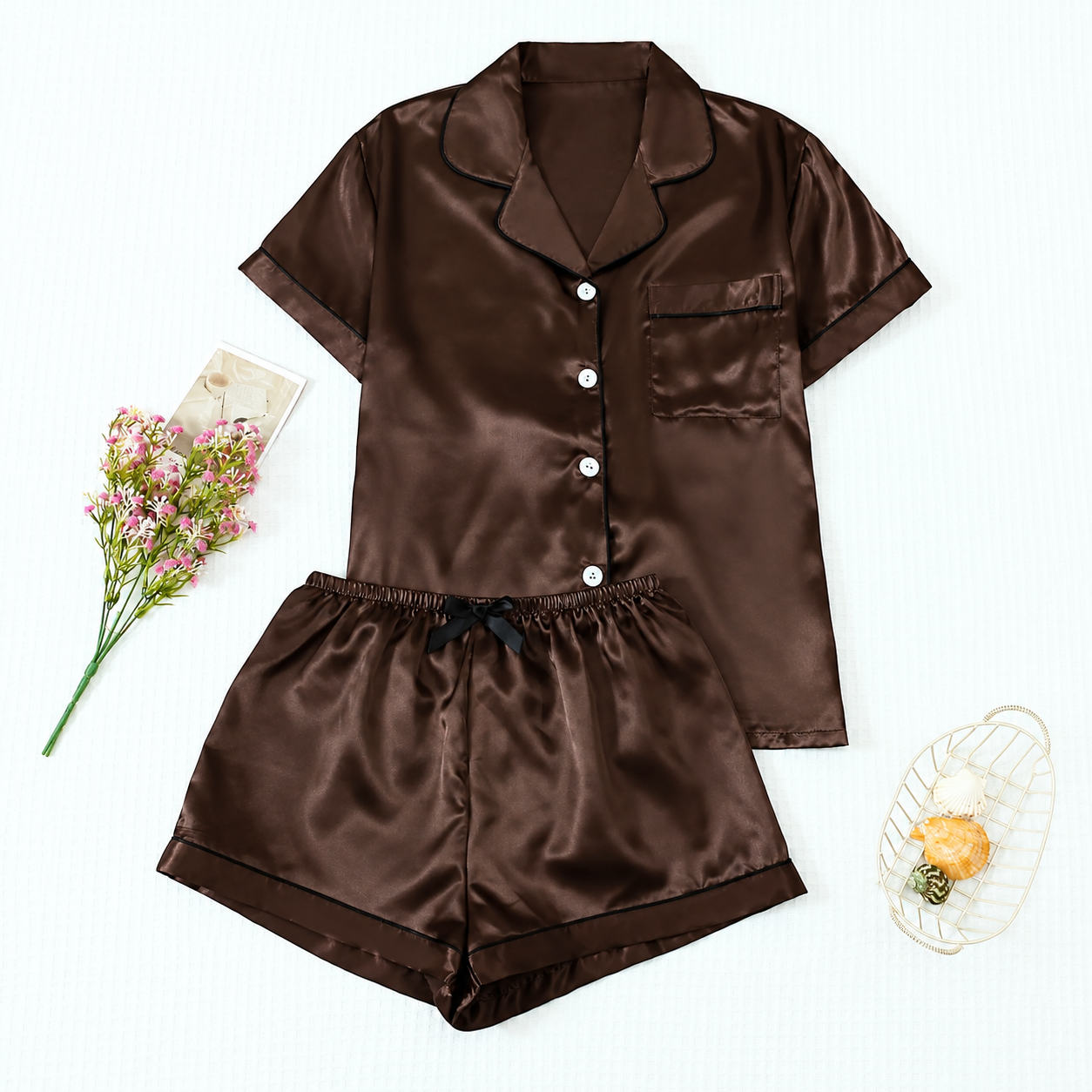 Bow Detail Short Sleeve Top and Shorts 2 Piece Pajama Set for Women