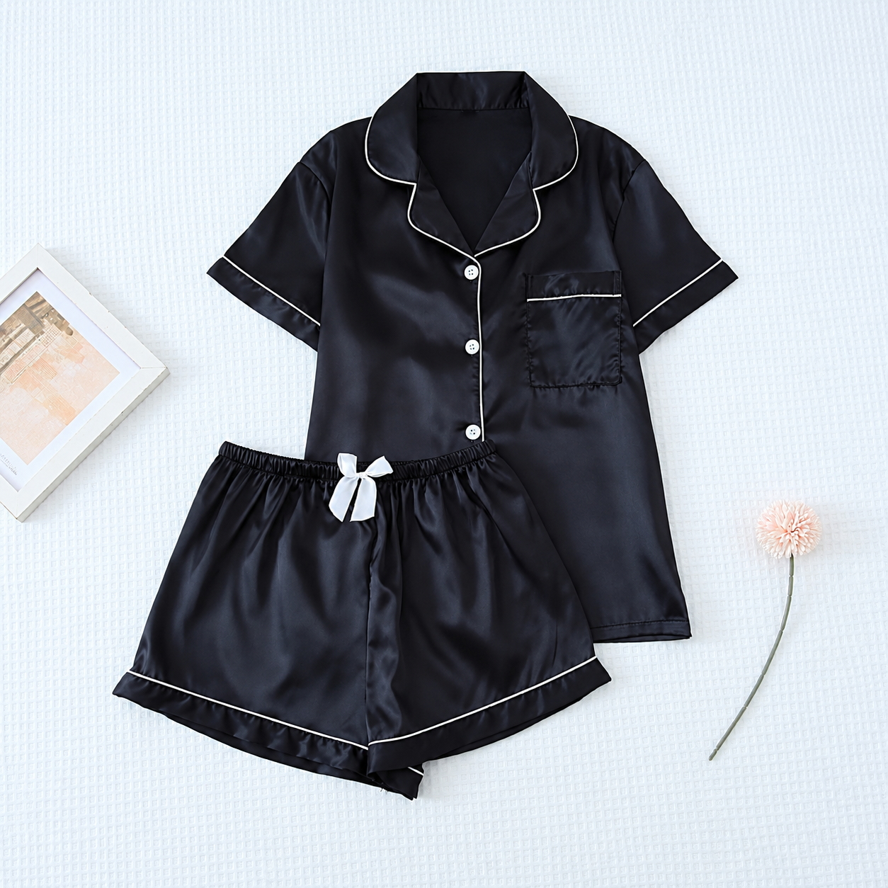 Bow Detail Short Sleeve Top and Shorts 2 Piece Pajama Set for Women