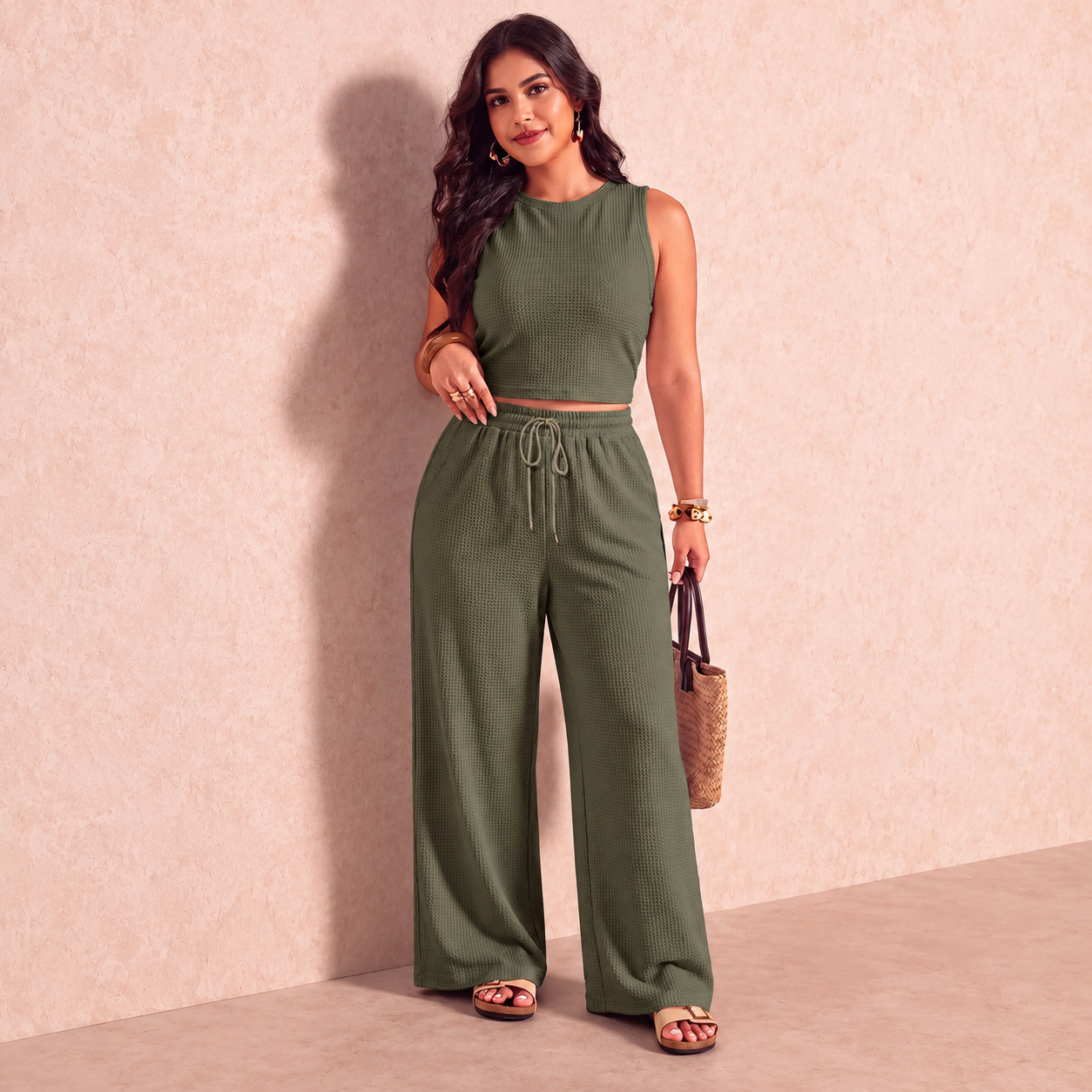 Plus Size Striped Tank Top and Pants 2 Piece Vacation Set for Women