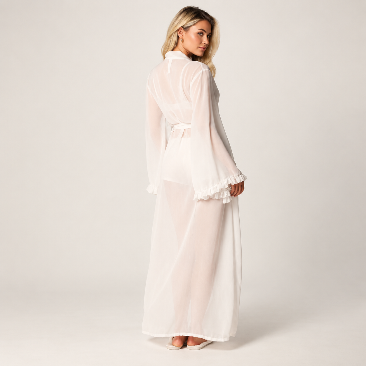 Casual Long Sheer Ruffle Trim Robe For Women