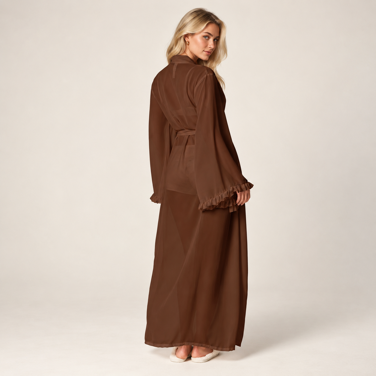Casual Long Sheer Ruffle Trim Robe For Women