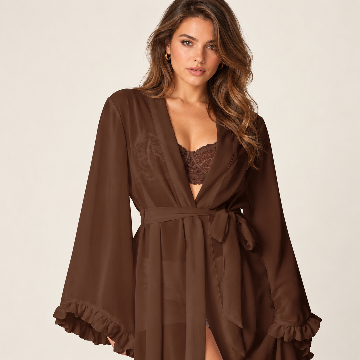 Casual Long Sheer Ruffle Trim Robe For Women