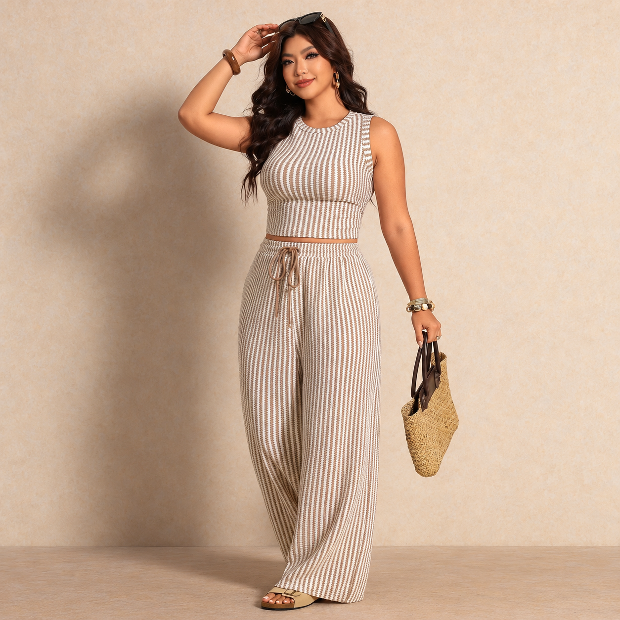 Plus Size Striped Tank Top and Pants 2 Piece Vacation Set for Women