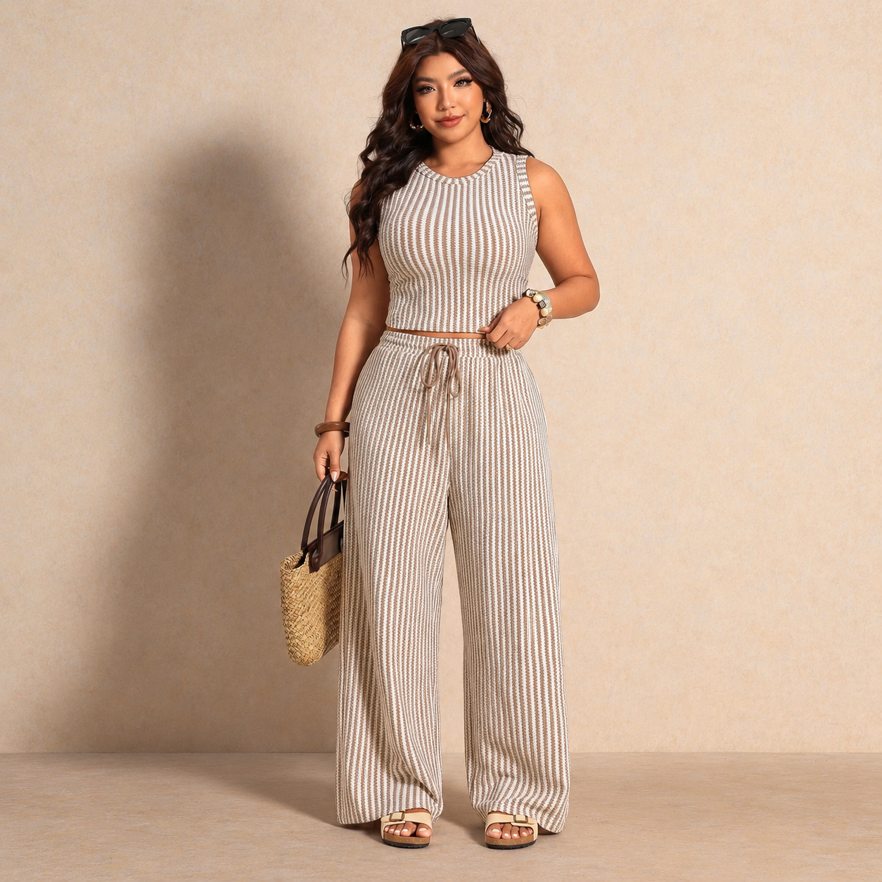 Plus Size Striped Tank Top and Pants 2 Piece Vacation Set for Women