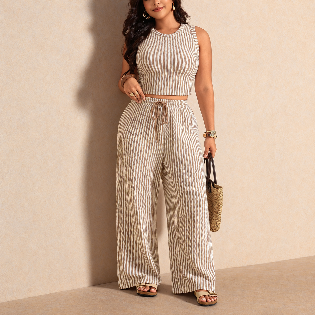 Plus Size Striped Tank Top and Pants 2 Piece Vacation Set for Women