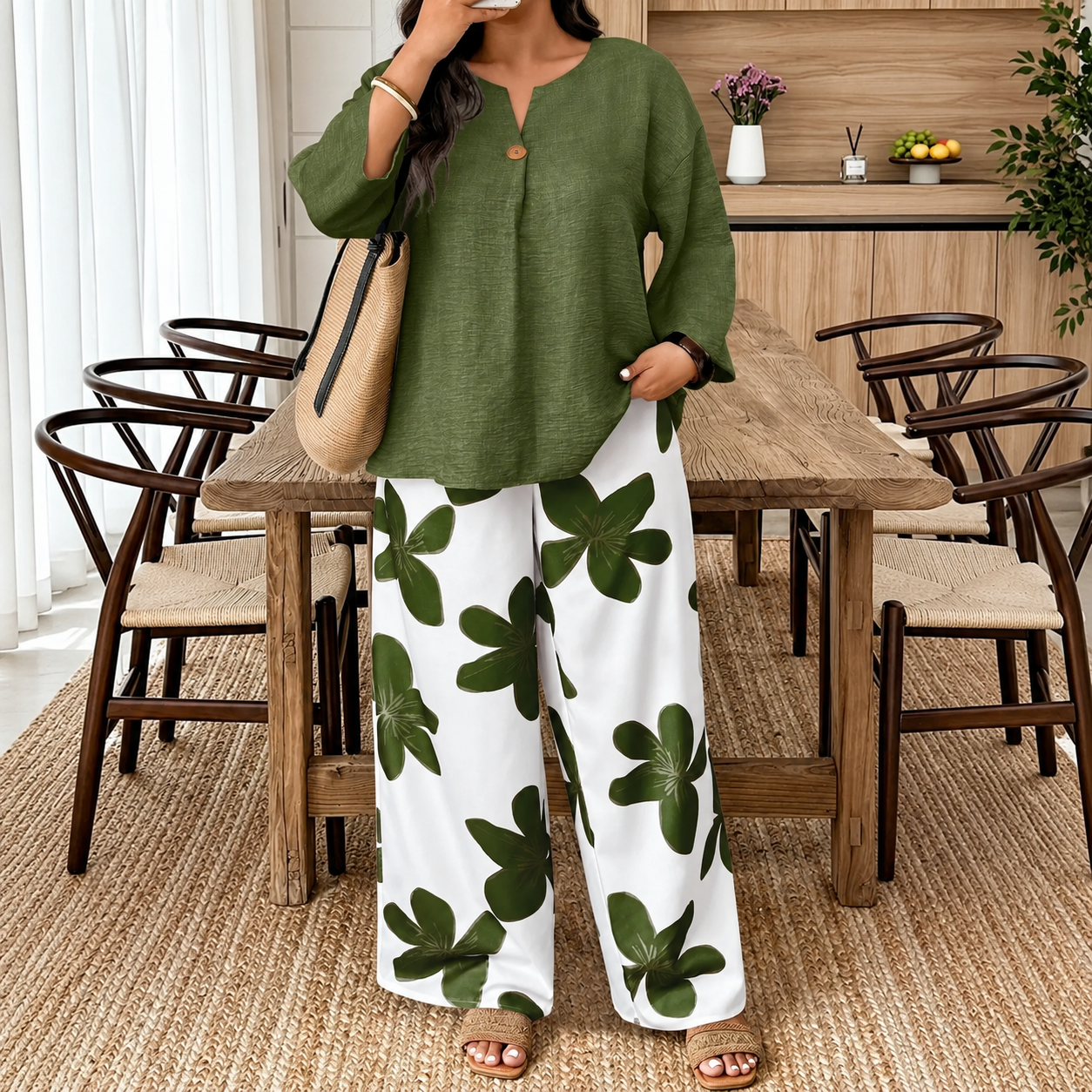 Plus Size Shirt and Pants 2 Piece Casual Fall Winter Set for Women
