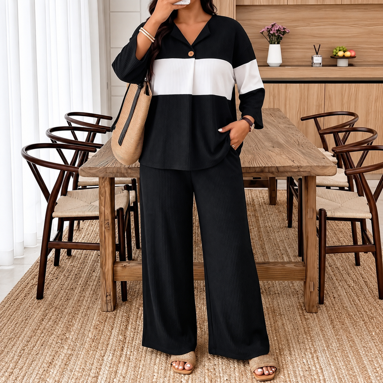 Plus Size Shirt and Pants 2 Piece Casual Fall Winter Set for Women