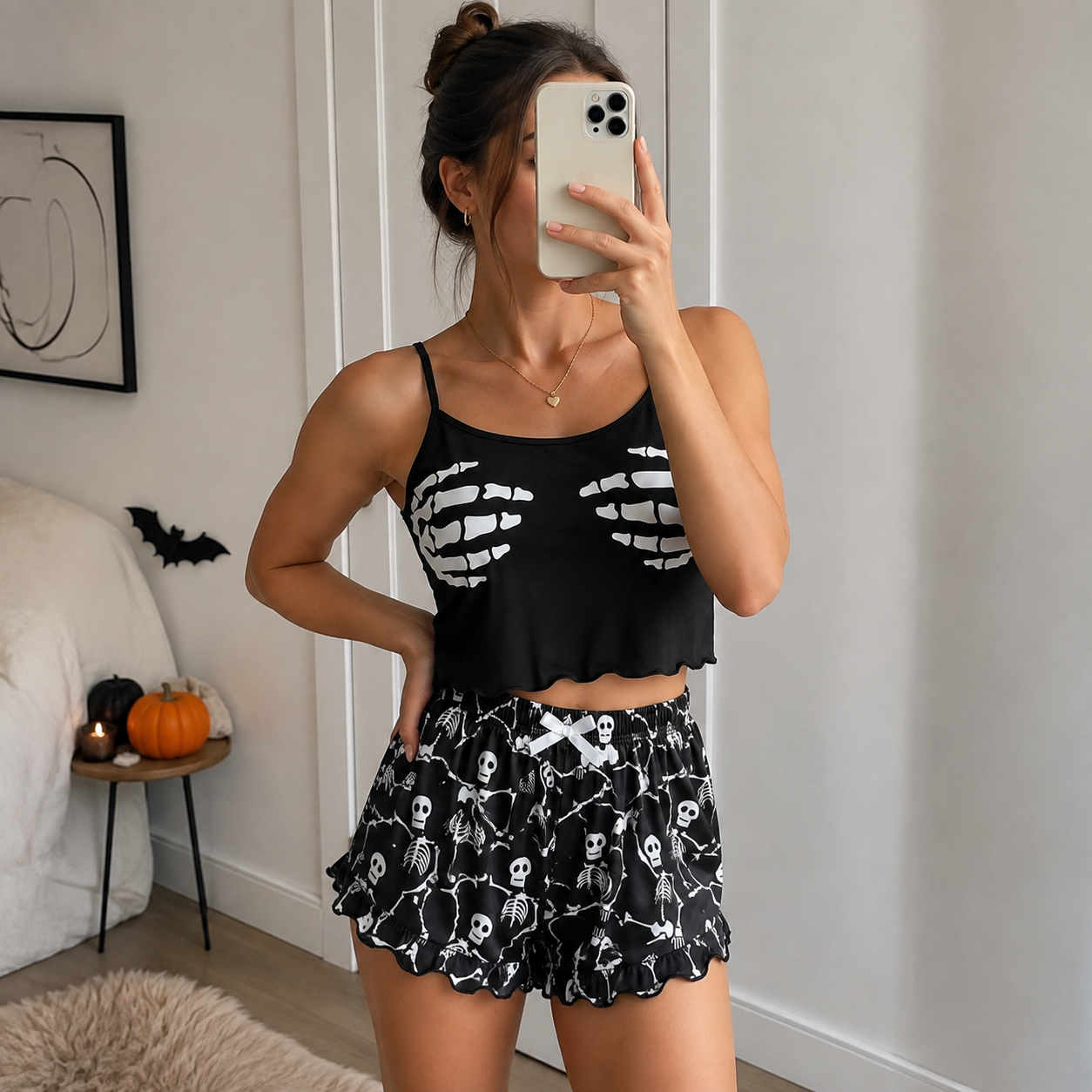 2 Pieces Printed Halloween Themed Matching Pajama Set For Women