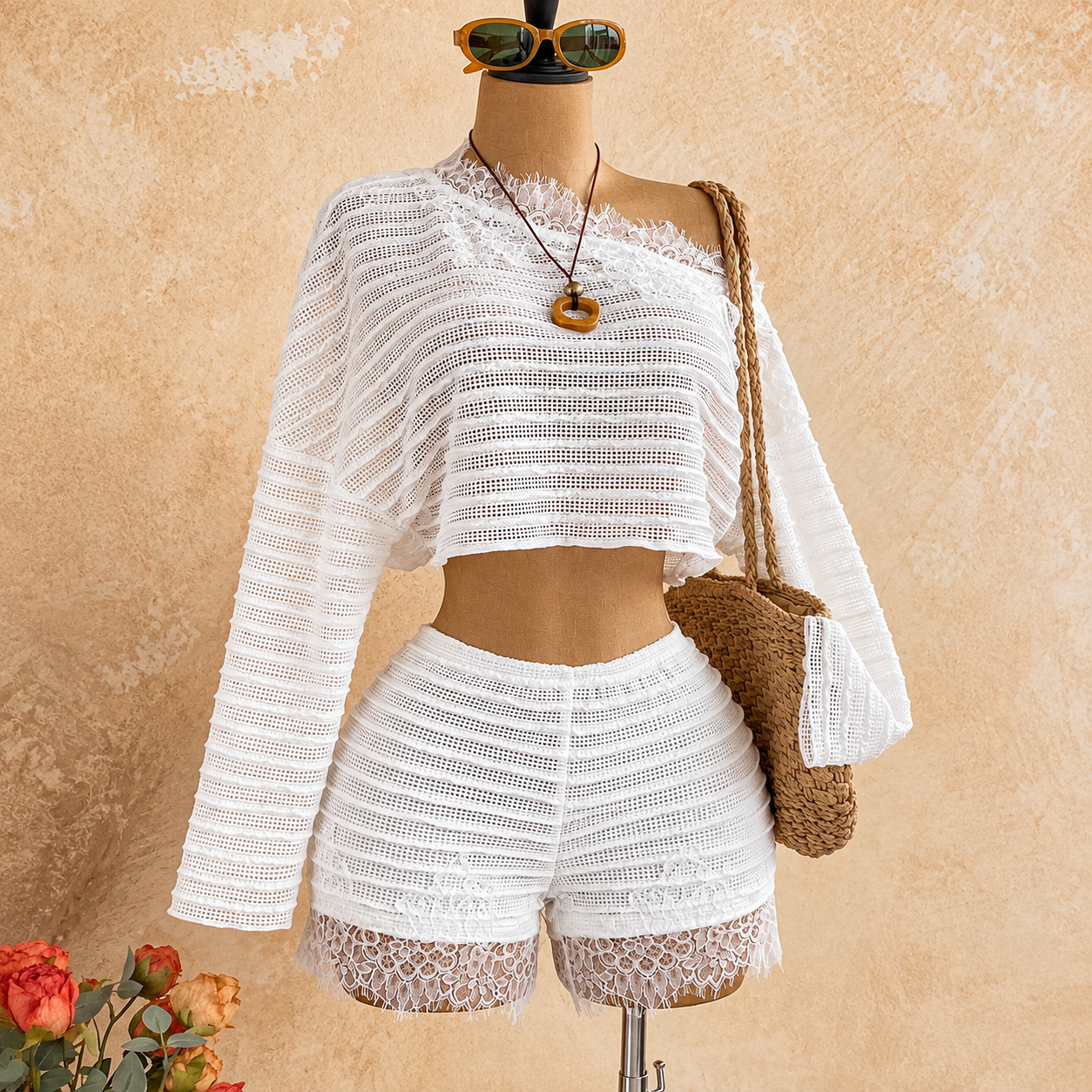 2 Pieces Asymmetric Collar Top And Shorts Set For Women