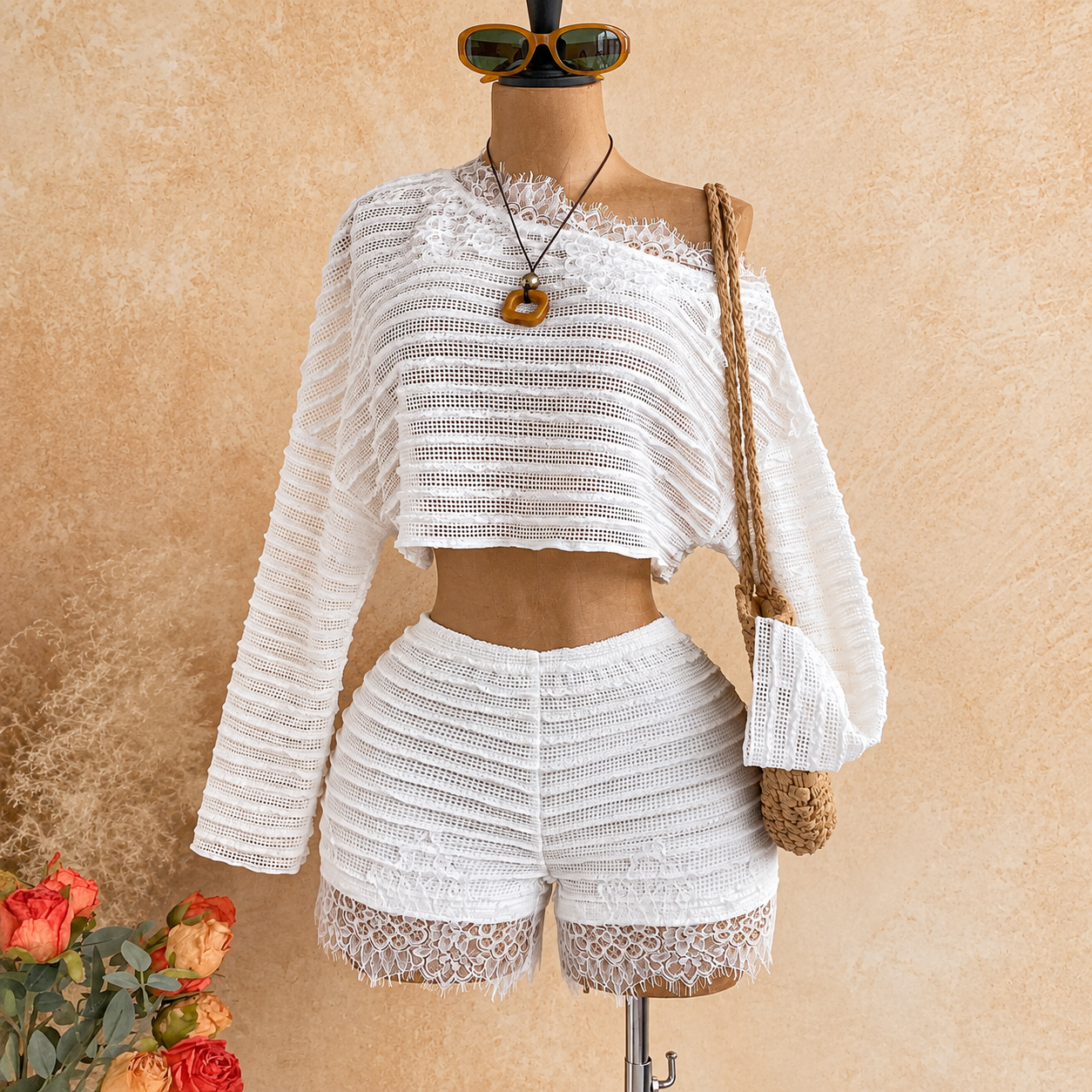 2 Pieces Asymmetric Collar Top And Shorts Set For Women
