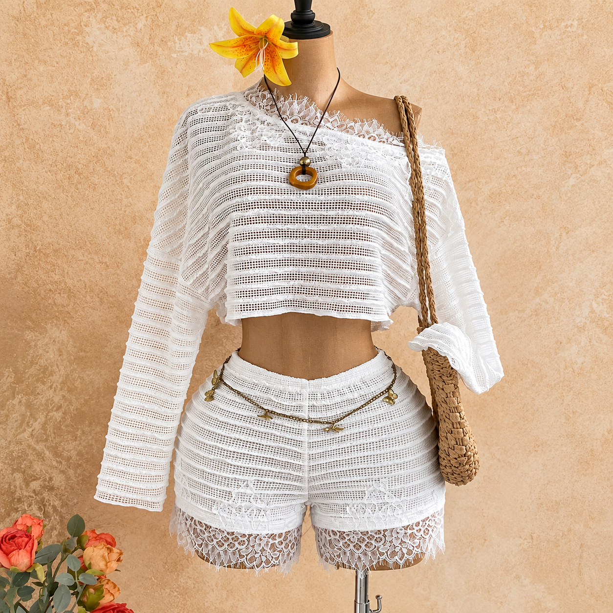 2 Pieces Asymmetric Collar Top And Shorts Set For Women